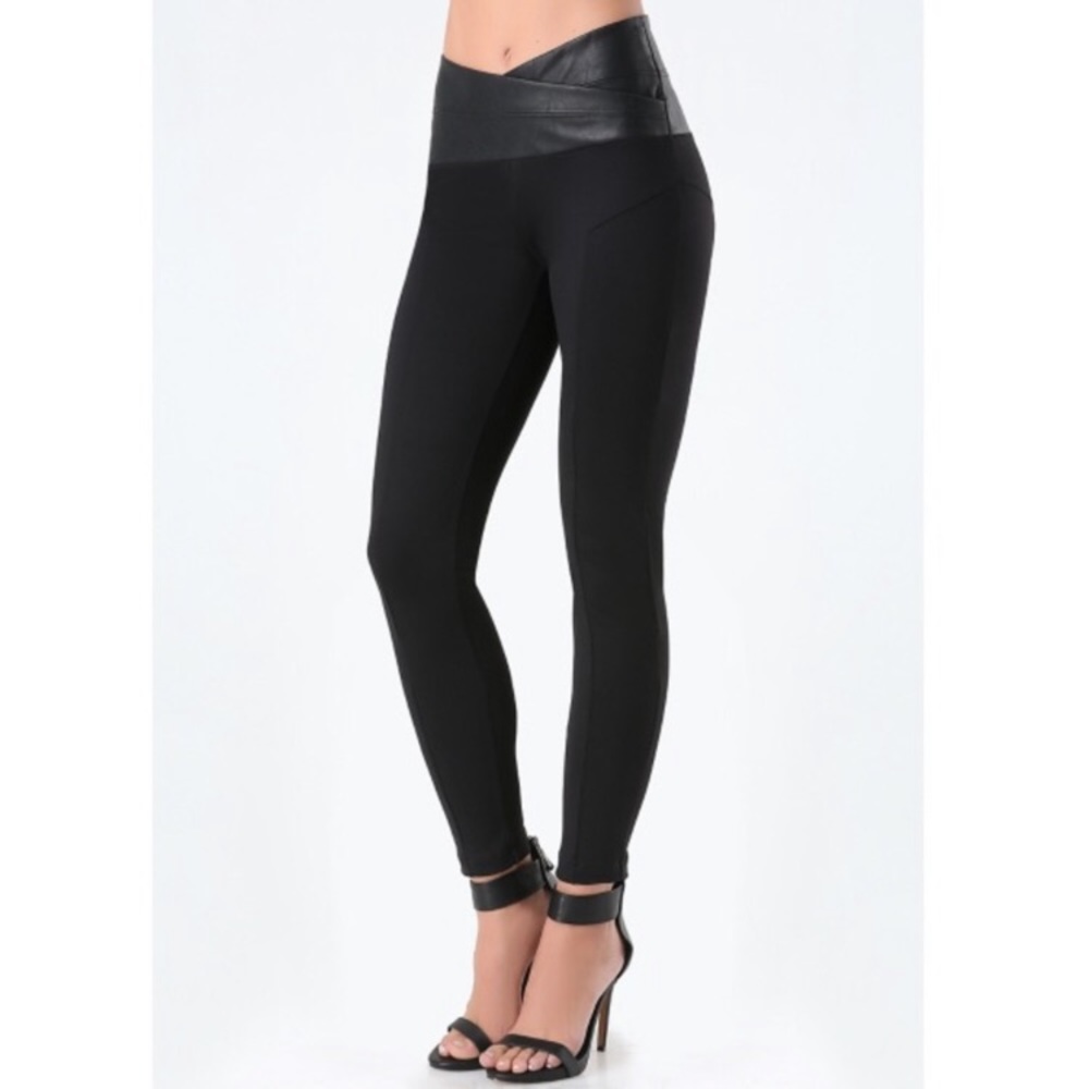 Bebe black leggings with faux leather waistband
